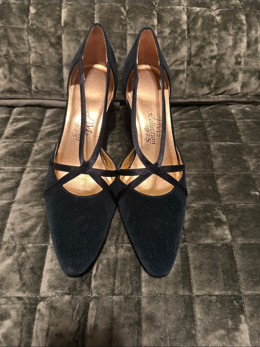 Dark Green Suede Pointed Toe T-Strap Heels